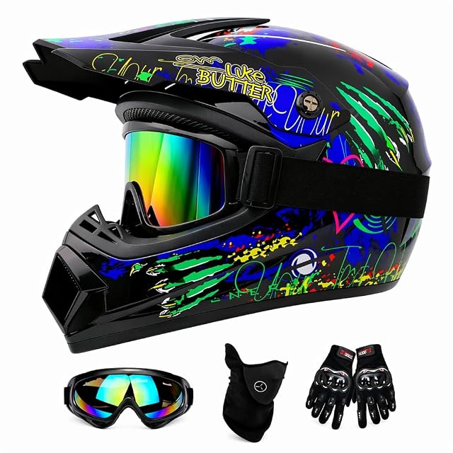 Casque cross à finition graffiti avec masque, gants et cagoule fournis